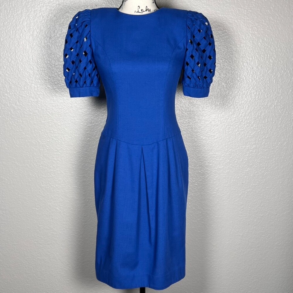 Vintage Warren Petites 2P Royal Blue Lattice Sleeve Dress 80s ILGWU USA Made